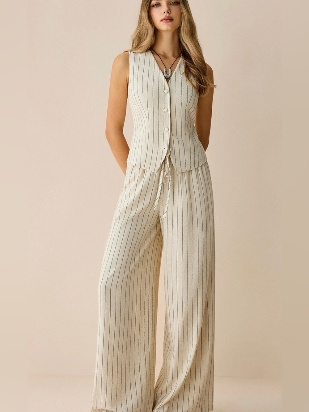 Commense Cream Pinstripe Wide-Leg Jumpsuit sleeveless NWT